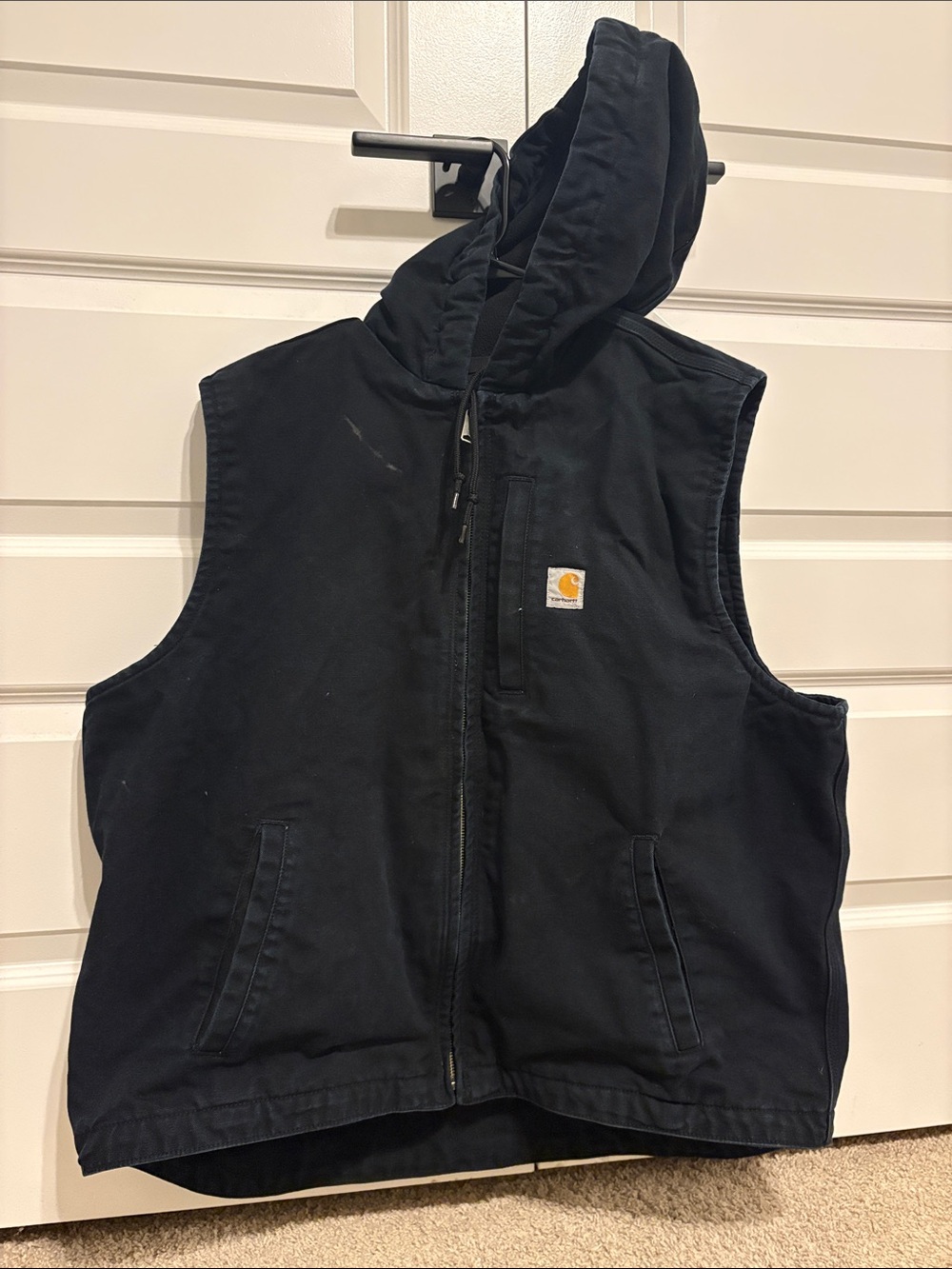 Carhartt Black Hooded Work Vest with Chest Logo Patch